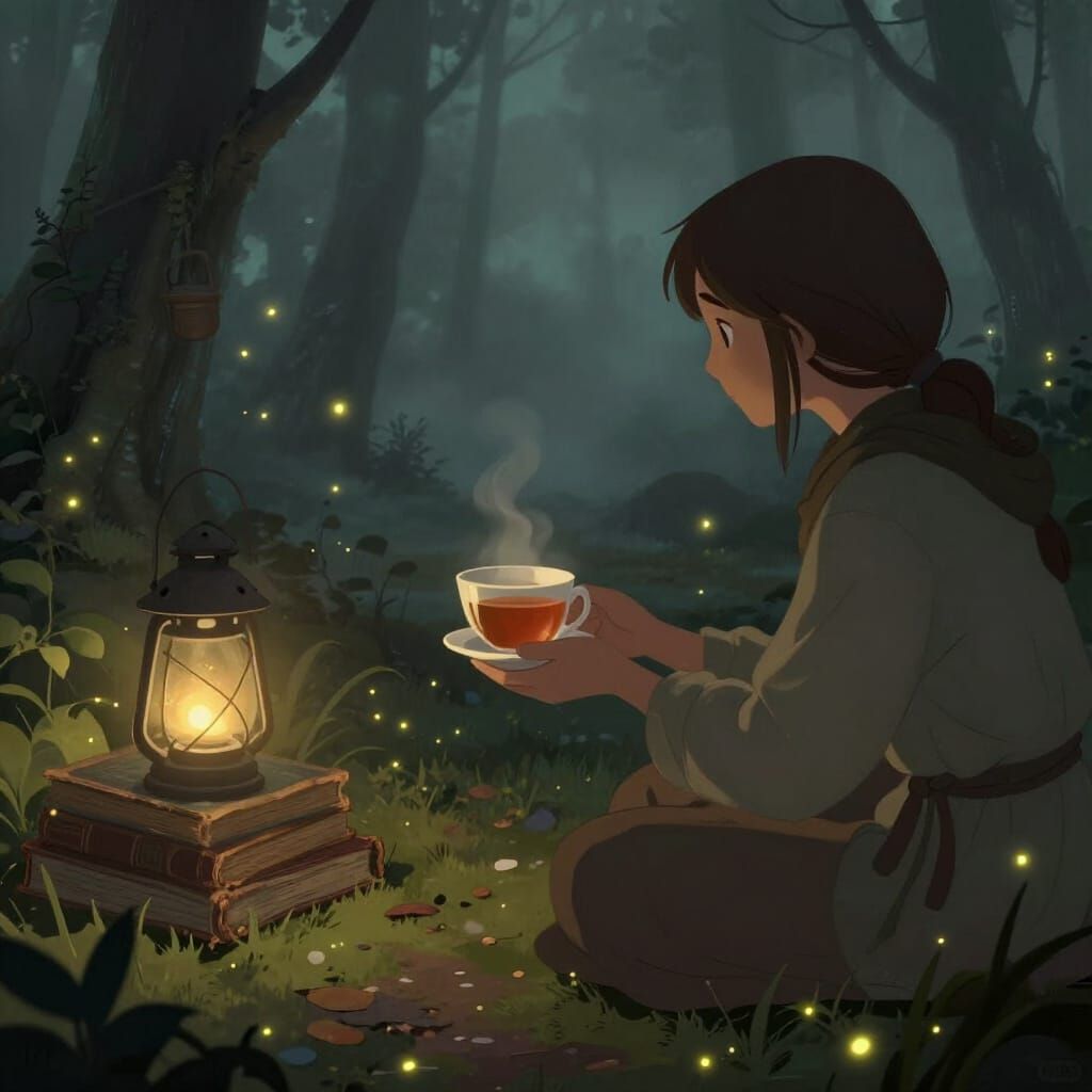 Enchanting Dark Fantasy Forest Scene with Tea