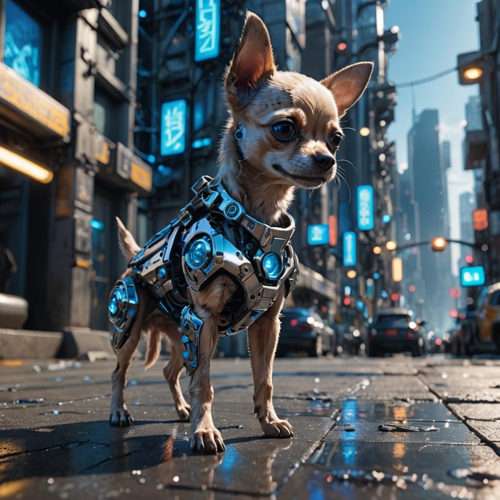 Cybernetic Chihuahua Puppy in Futuristic Cityscape