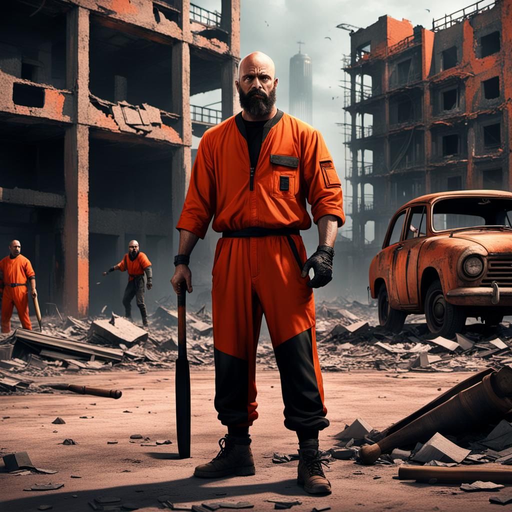 Dystopian Prisoner with Baseball Bat in Ruined City