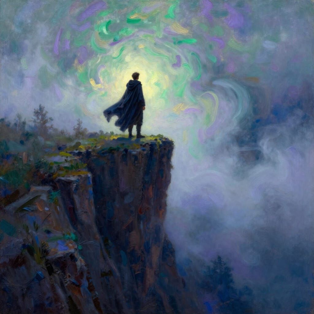 Man in Cloak Gazes into Opalescent Fog on Cliff