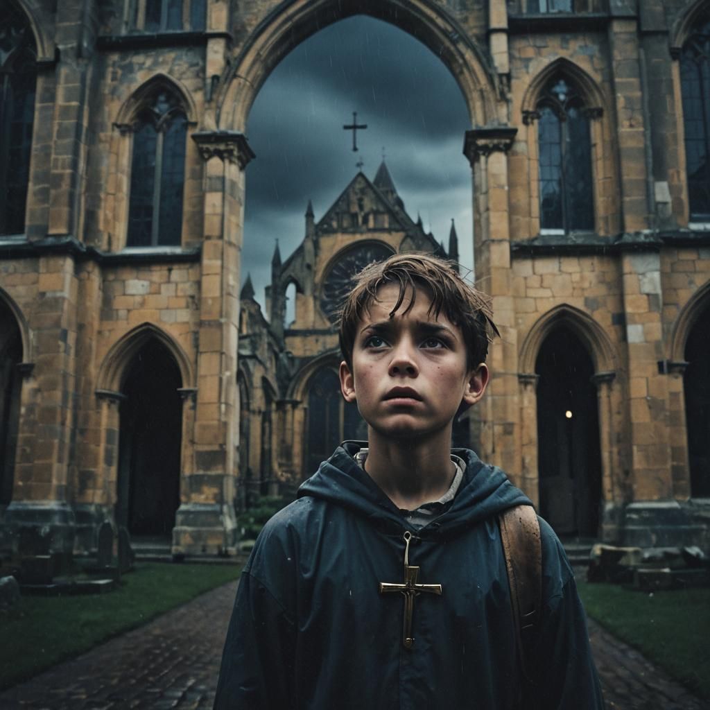 Boy and Abbey at Night: Cinematic Film Still