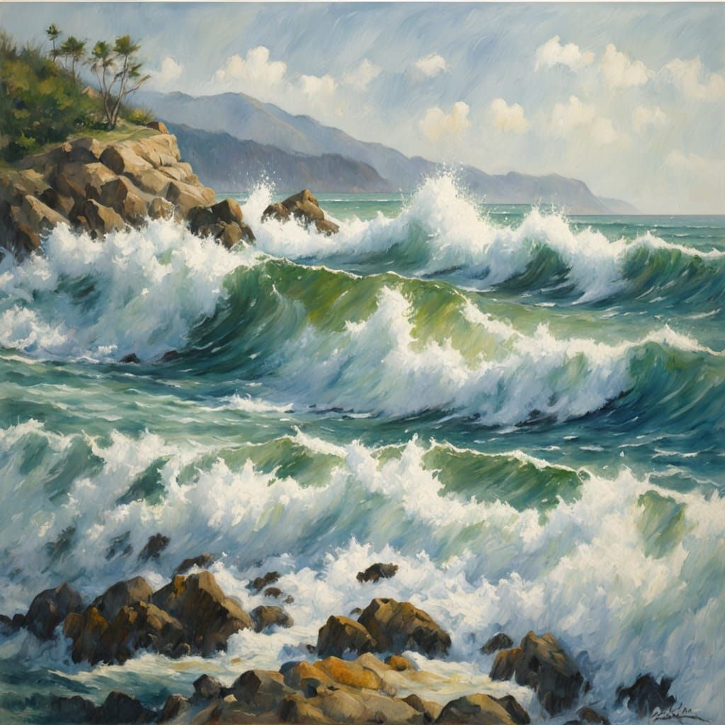 Oil Painting of Waves Crashing on Rocky Shore