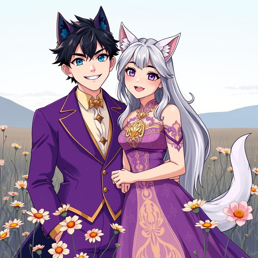 Elegant Anime Wedding Scene in Black and White Line Art