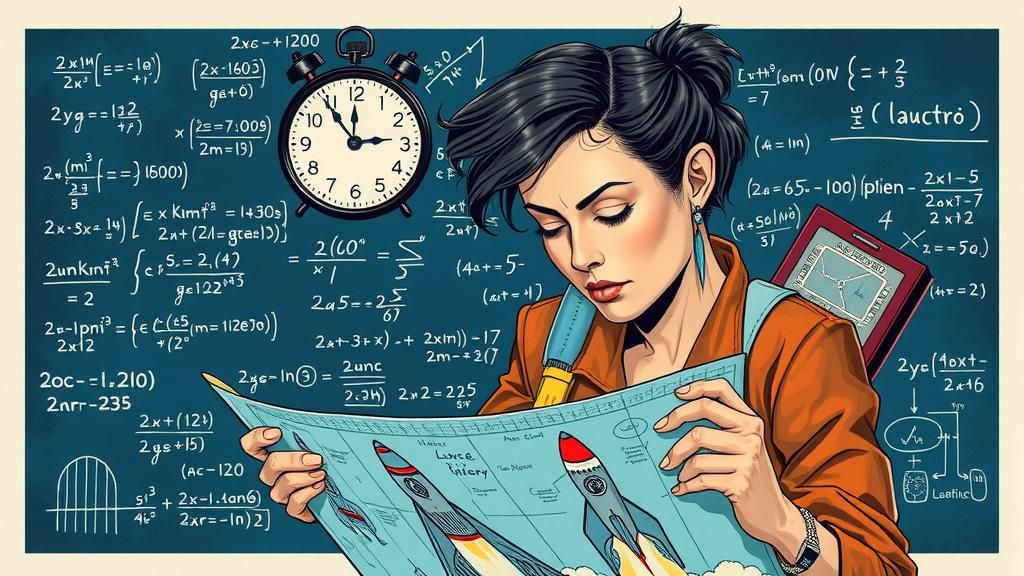 Woman Studies Rocket Blueprint with Equations, Sci-Fi Aesthe...