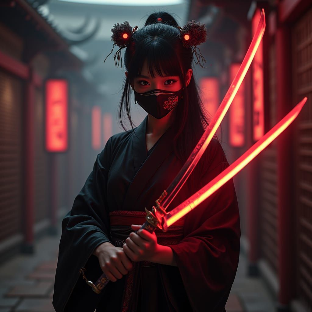 Samurai Girl with Glowing Katana in Futuristic Dojo