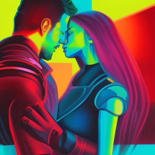 Cyberpunk Couple Embrace in Neon Cityscape