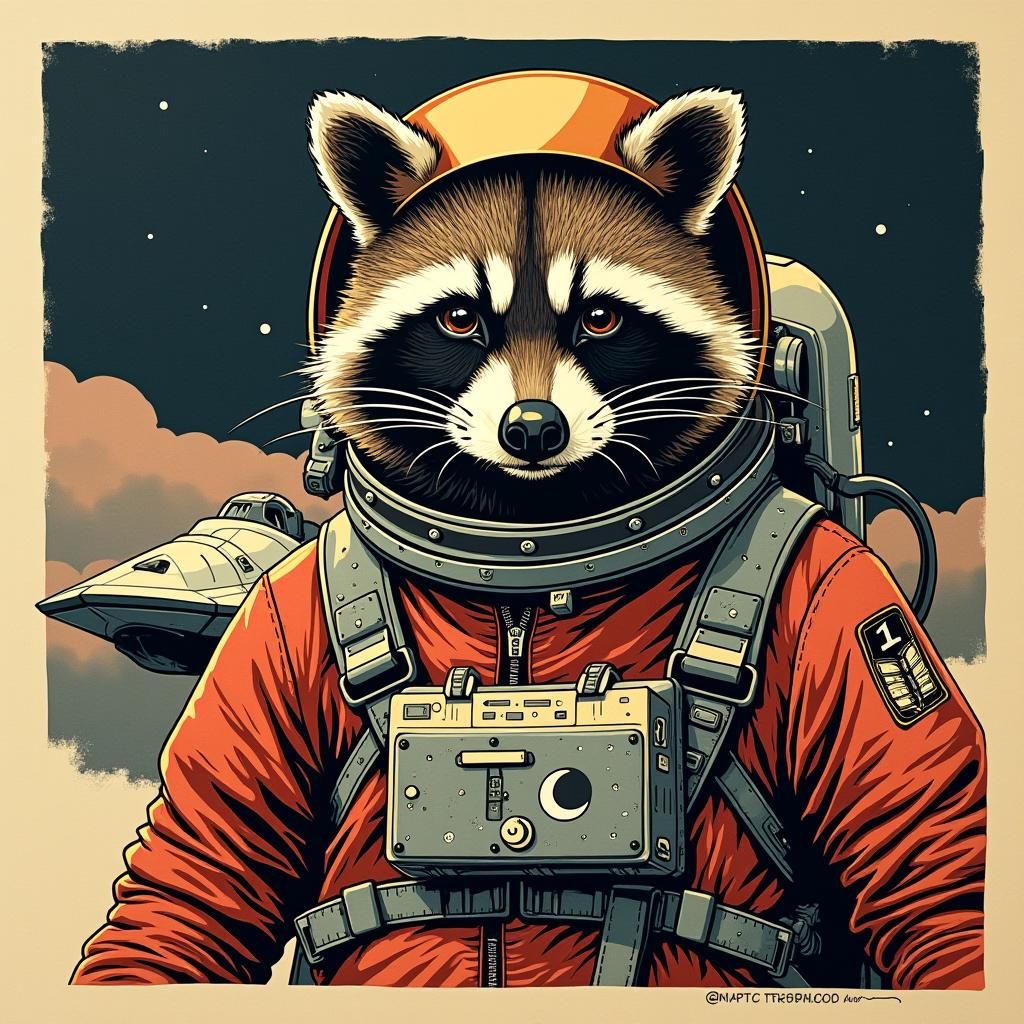 astronaut Space Raccoon. tattoo, woodcut, linocut, relief print. bold lines and strong contrast between light and dark a...