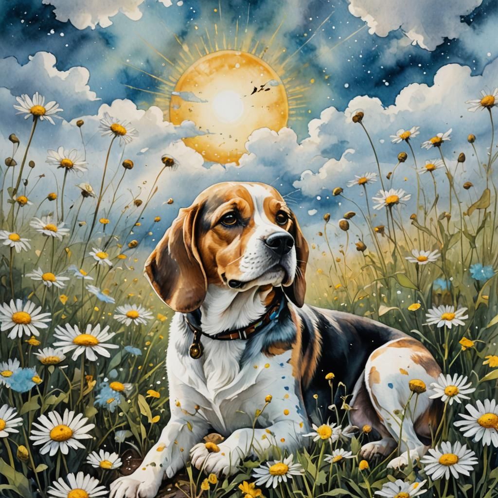 Beagle Gazing at Dandelion Seeds in Watercolor