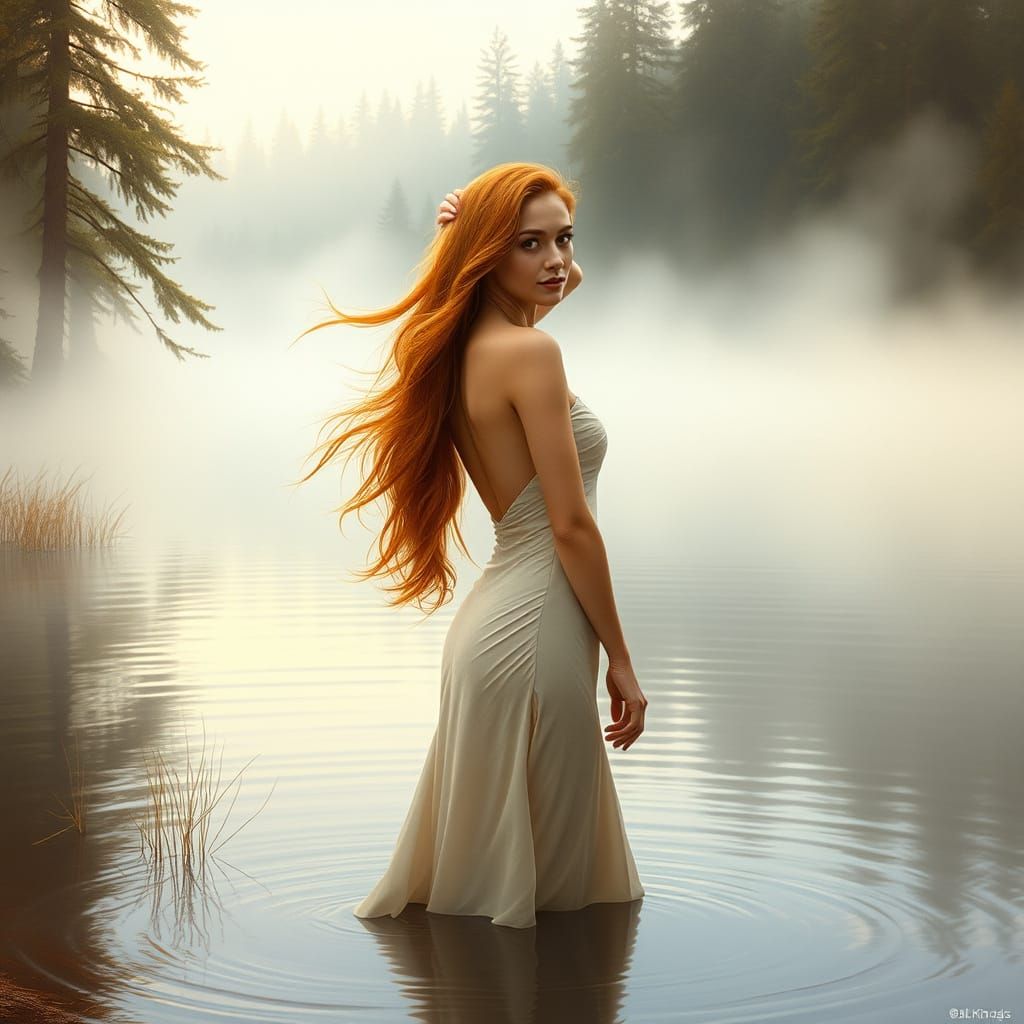 Ginger Woman in Lake, Hyperdetailed Ethereal Style