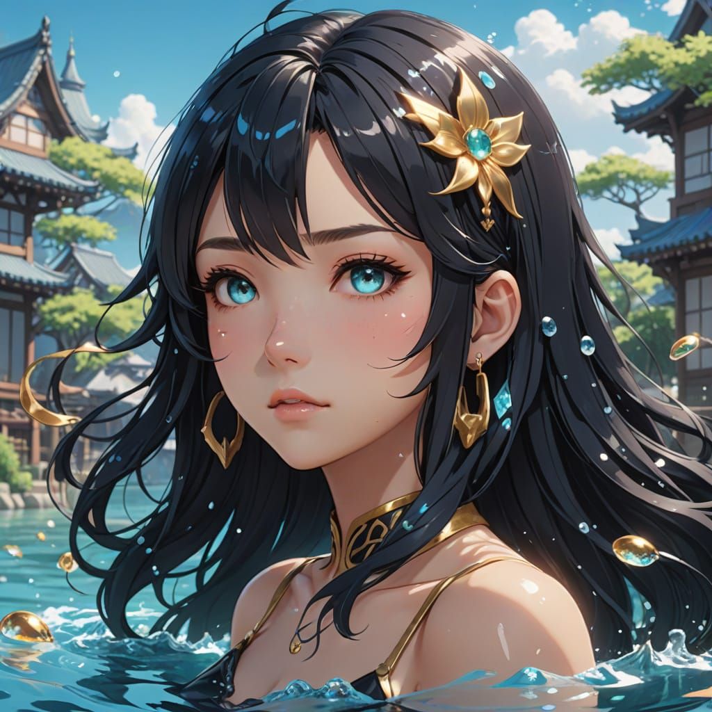 Surreal 3D Anime Girl Immersed in Aqua Hues