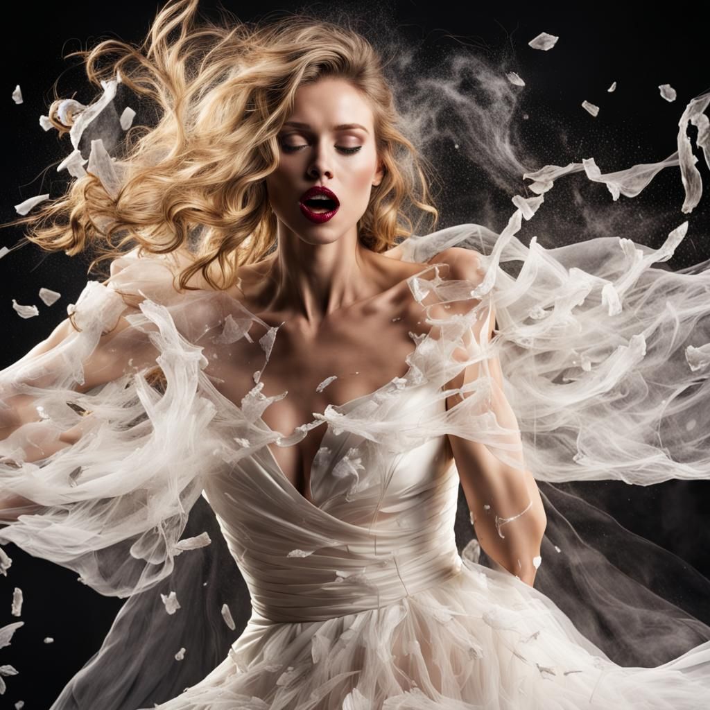 Woman in Disintegrating Dress with Wine