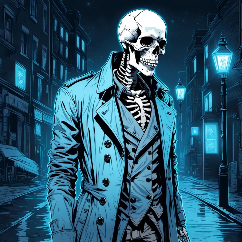 Skeleton in Trench Coat: Gloomy Line Art
