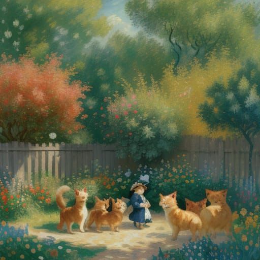 Whimsical Gouache Masterpiece of a Child with Puppies and Ki...