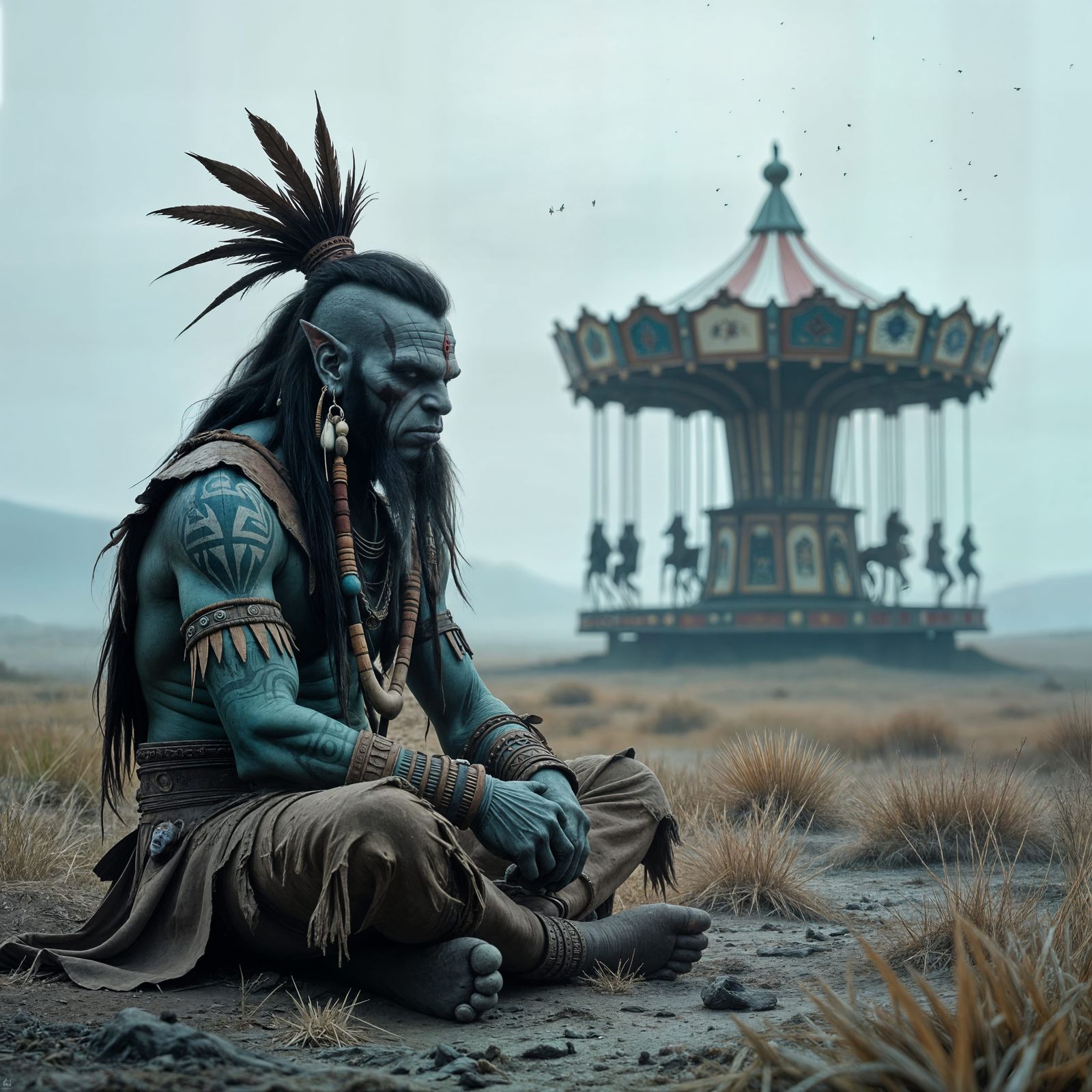 Orc Shaman and Ancient Carousel on Windswept Plain