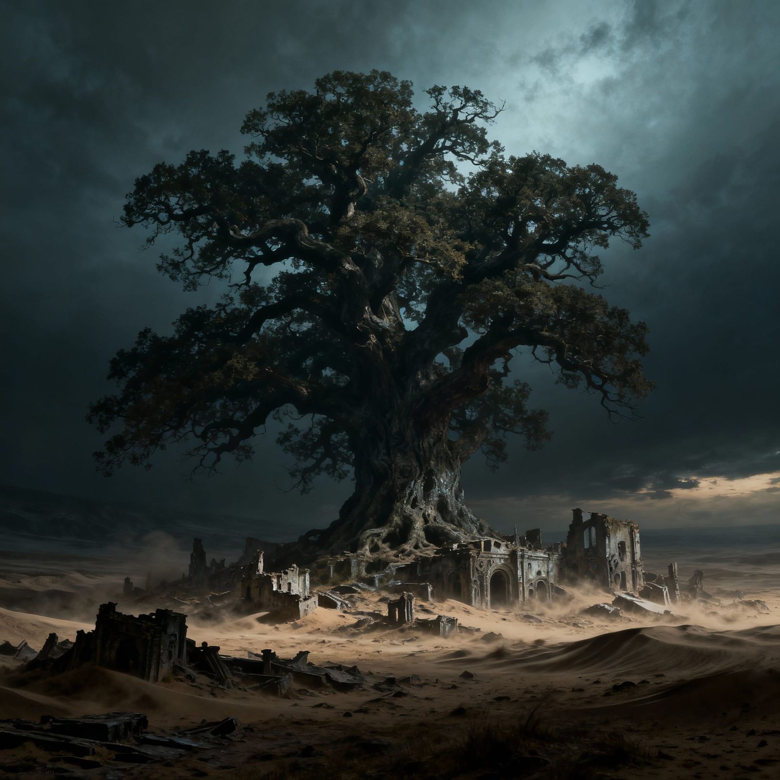 Colossal Oak Tree on Desolate Plain in Twilight