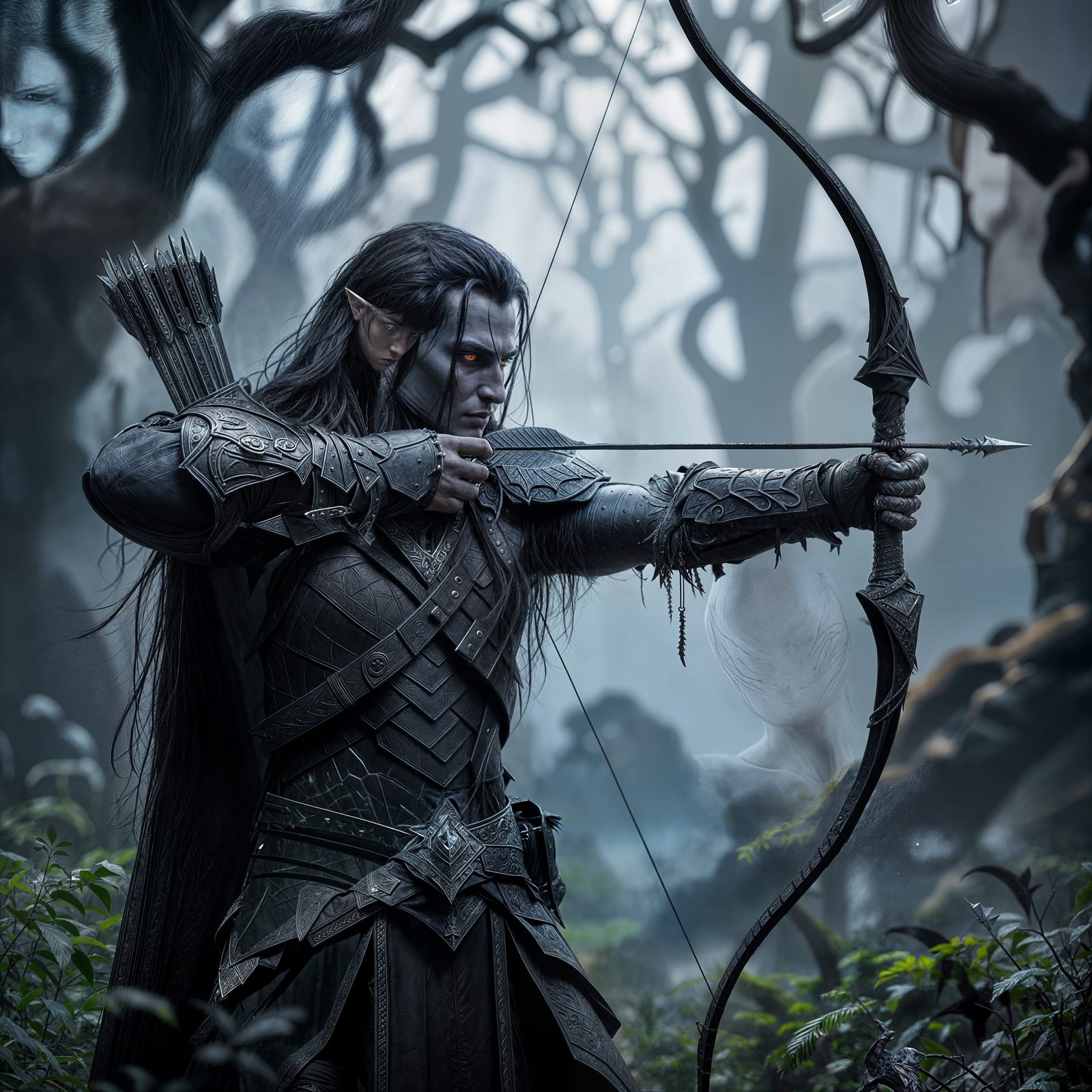 Dark Elf Archer in Shadowy Forest, Cinematic Still