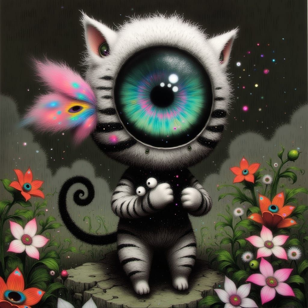 Whimsical Feline-Zebra Hybrid in Vibrant Floral Wonderland