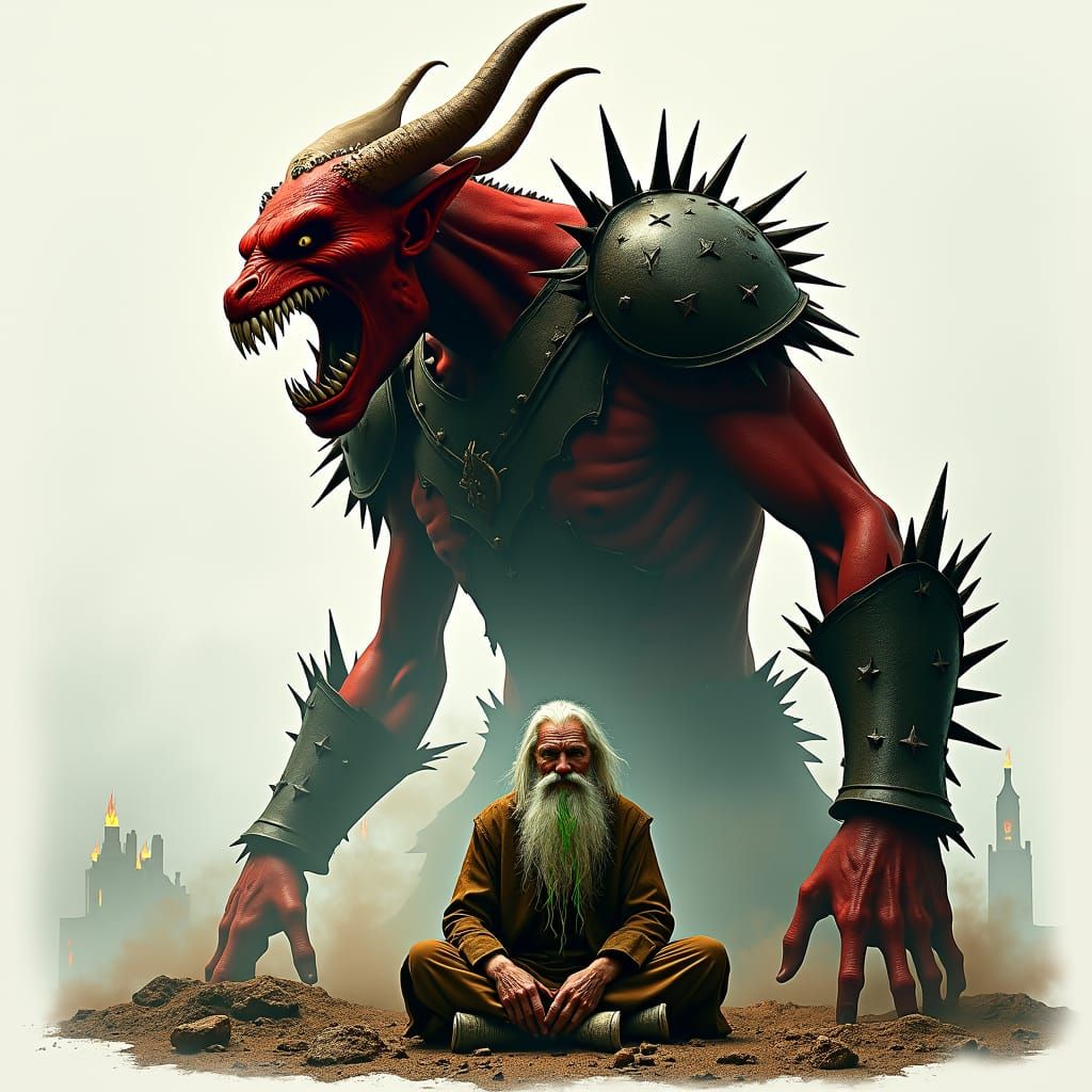 Iuz the Old One: Demon Silhouette in Burning City