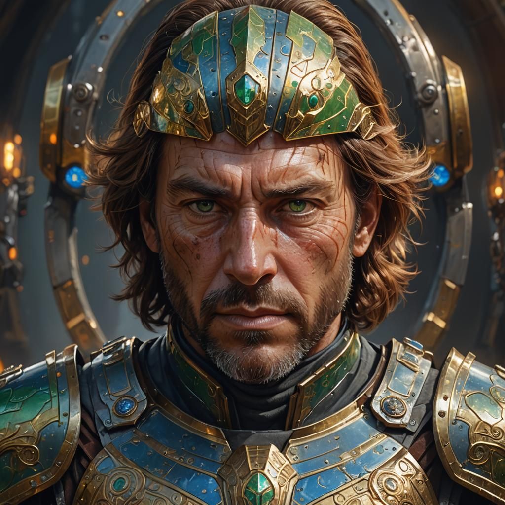 Armored Warrior Portrait in Triadic Colors