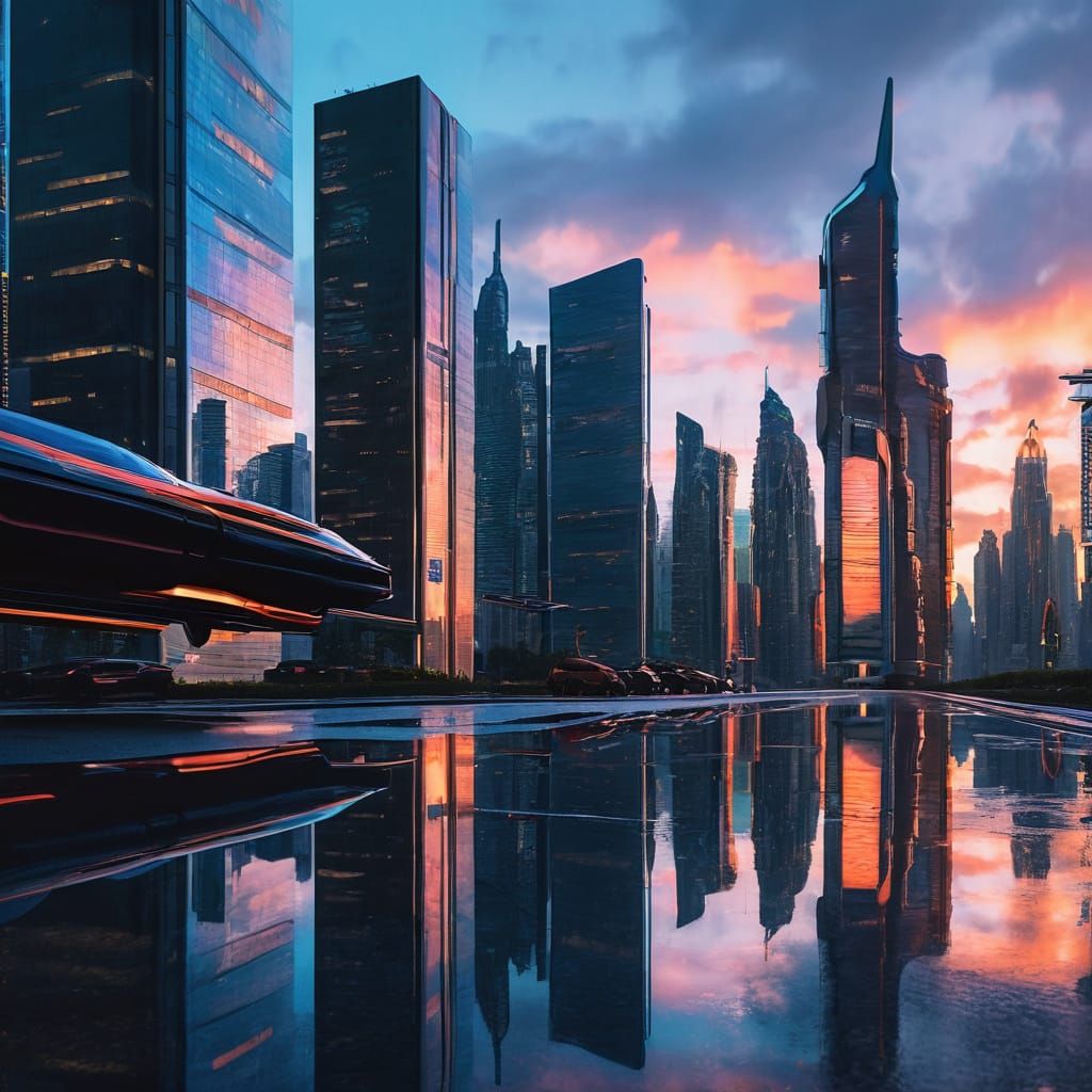 Sleek Futuristic Cityscape at Dusk with Flying Cars and Neon...