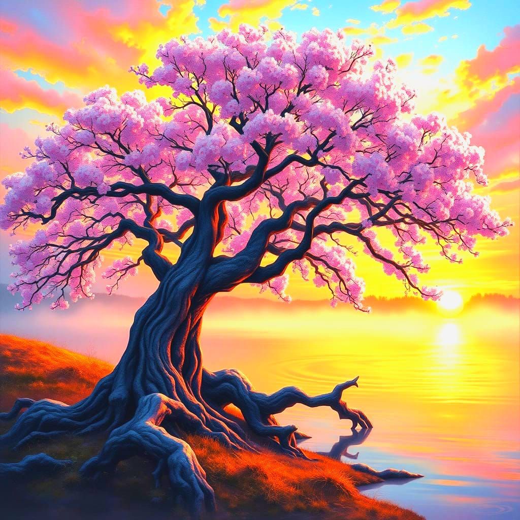 Mystical Tree of Life in Sunset Glow