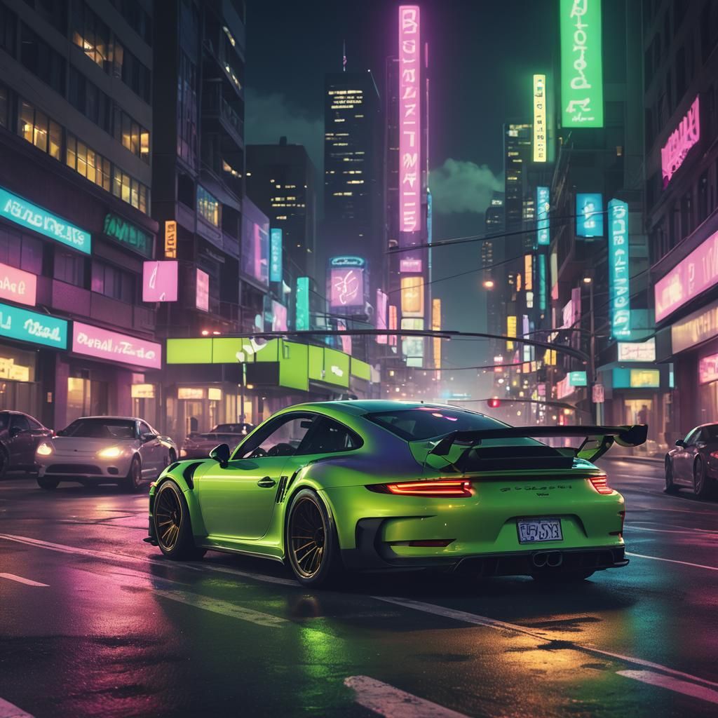 Lime Green Porsche 911 GT3 RS Drifting in Cyberpunk City