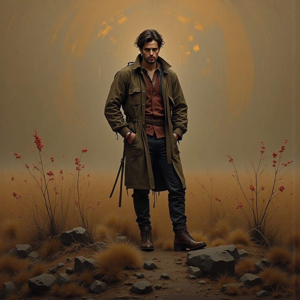 Contemplative Man in Rural Landscape