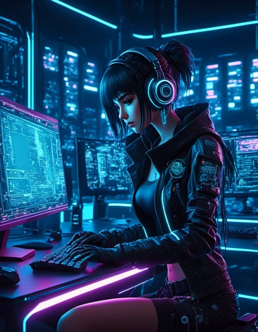 Anime cartoon classic Gothic inspired Cyberpunk female hacker working at a Computer. 8K resolution low light  glowing <l...