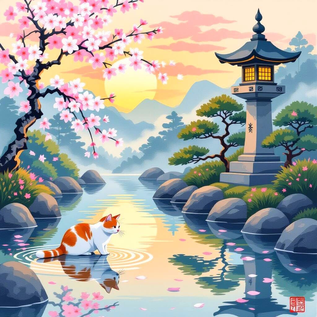 Japanese Garden at Dawn with Cat and Koi Pond
