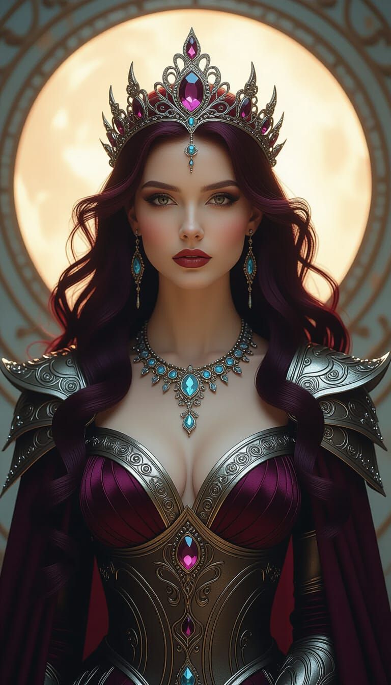 Moon Goddess with Cosmic Hair in Art Nouveau Style