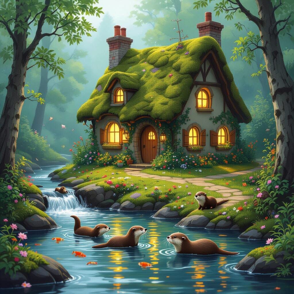 Quaint Cottage with Otters in Ghibli Style