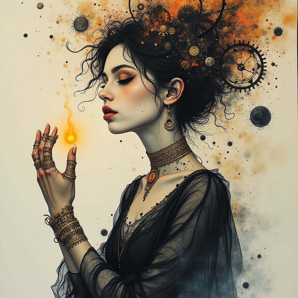 Steampunk Aasimar Mage in Layered Ink Surrealism