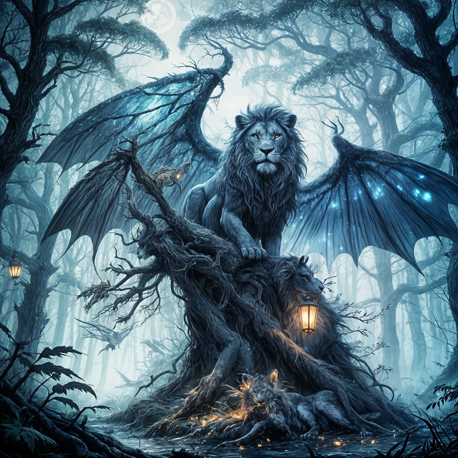 Lion-Moth Guardian in Mystical Forest