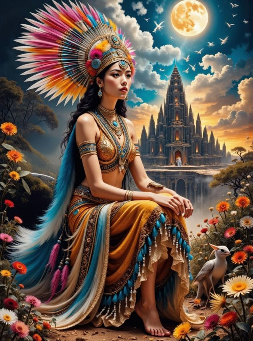 Indigenous Queen in Ornate Attire Near Ancient Temple