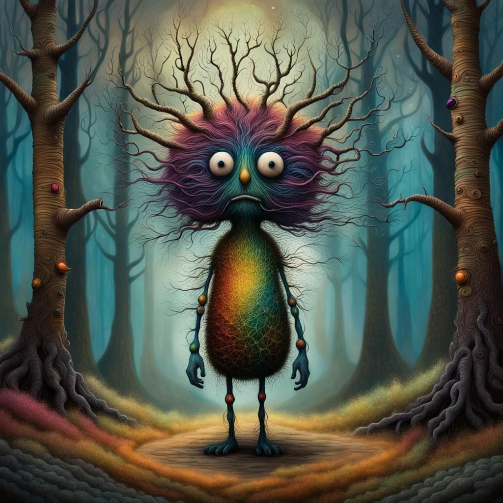 Funny Surreal Creature with Twig Hair, Hyperrealistic Art