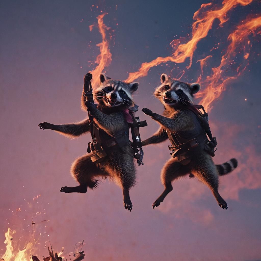 Epic Cinematic Raccoon Warriors in Mid-Air Clash