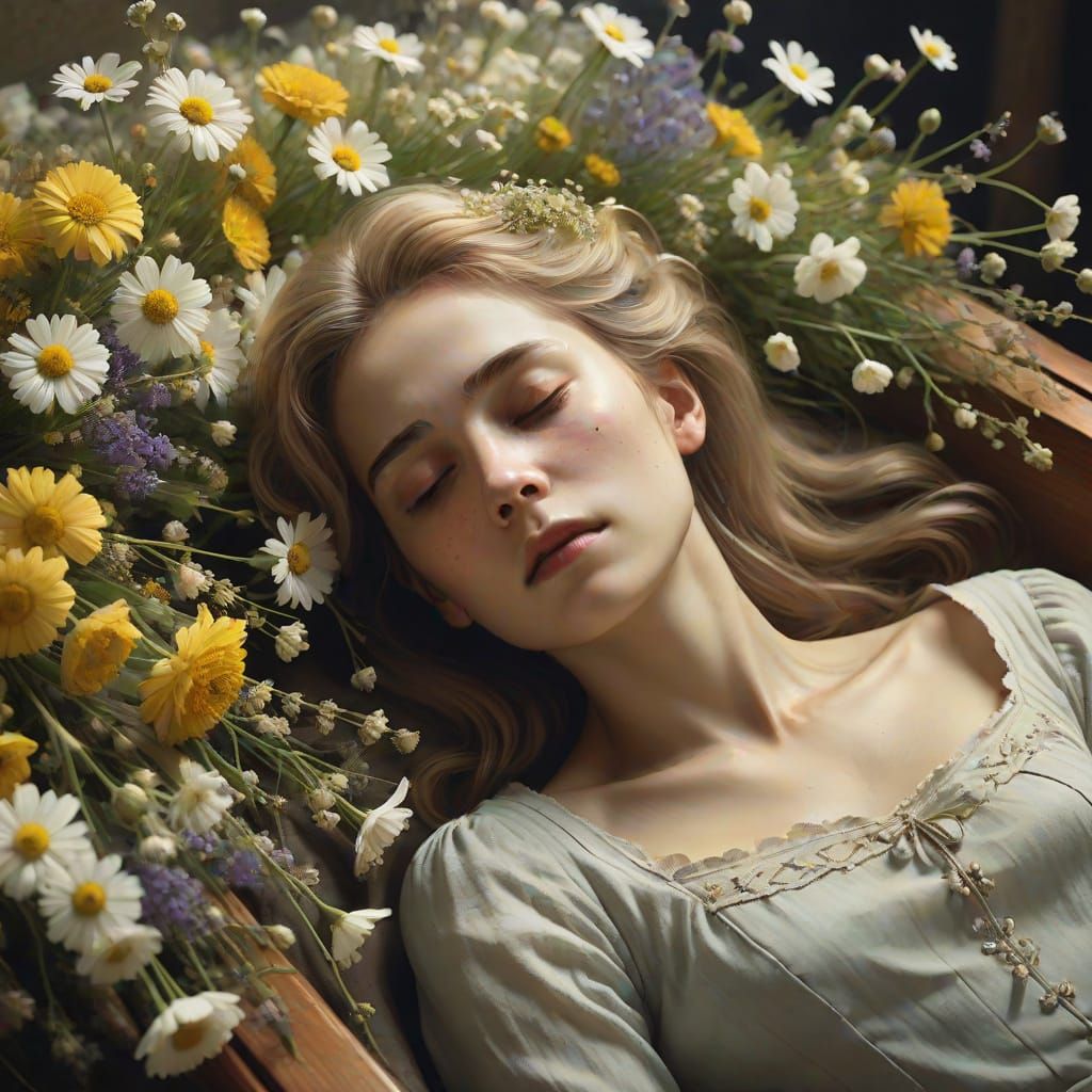 Woman in Casket With Grieving Loved Ones, Ethereal Painting