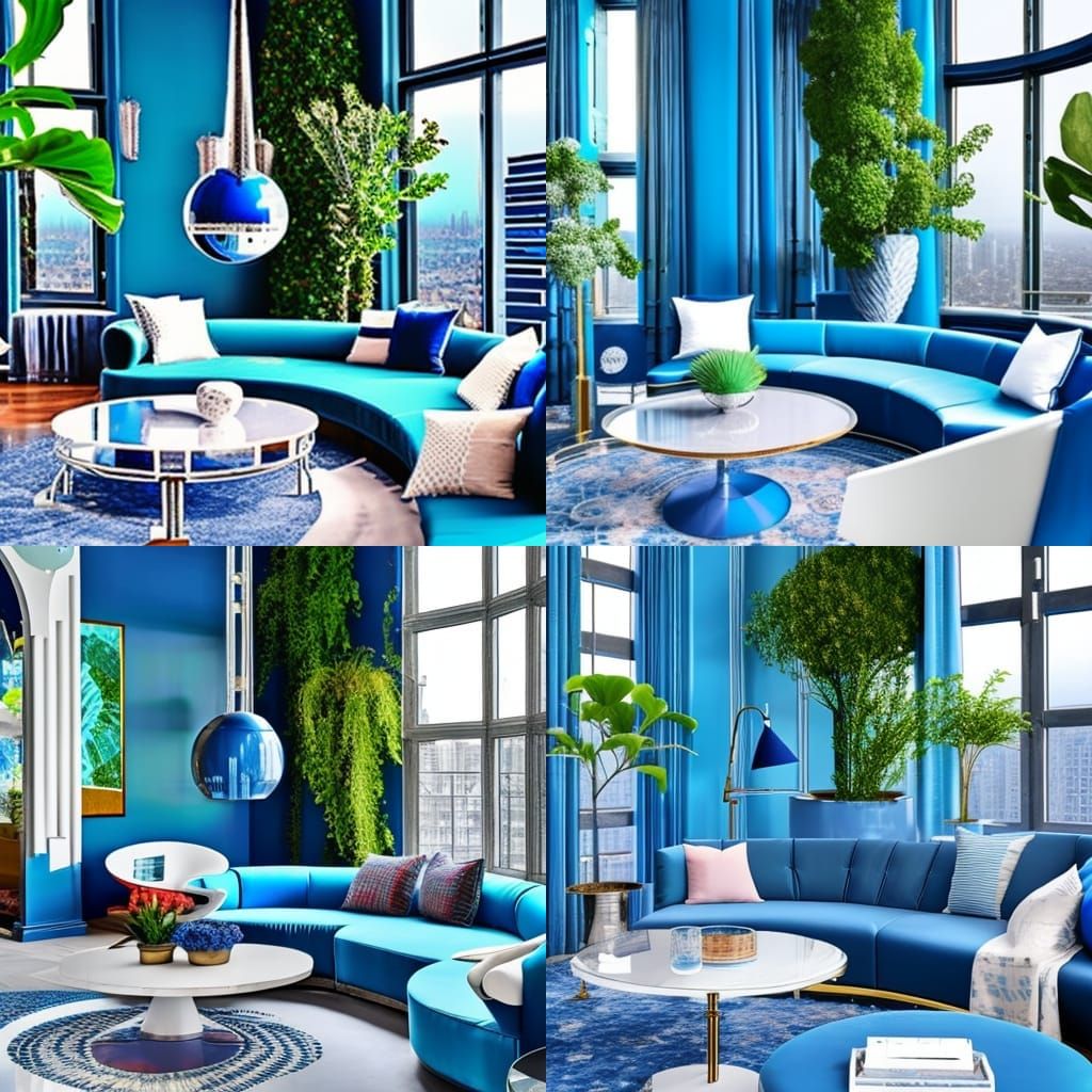 Beautiful Circular round blue penthouse with blue walls& Huge windows& luxurious blue furniture& Silver table& Silver co...