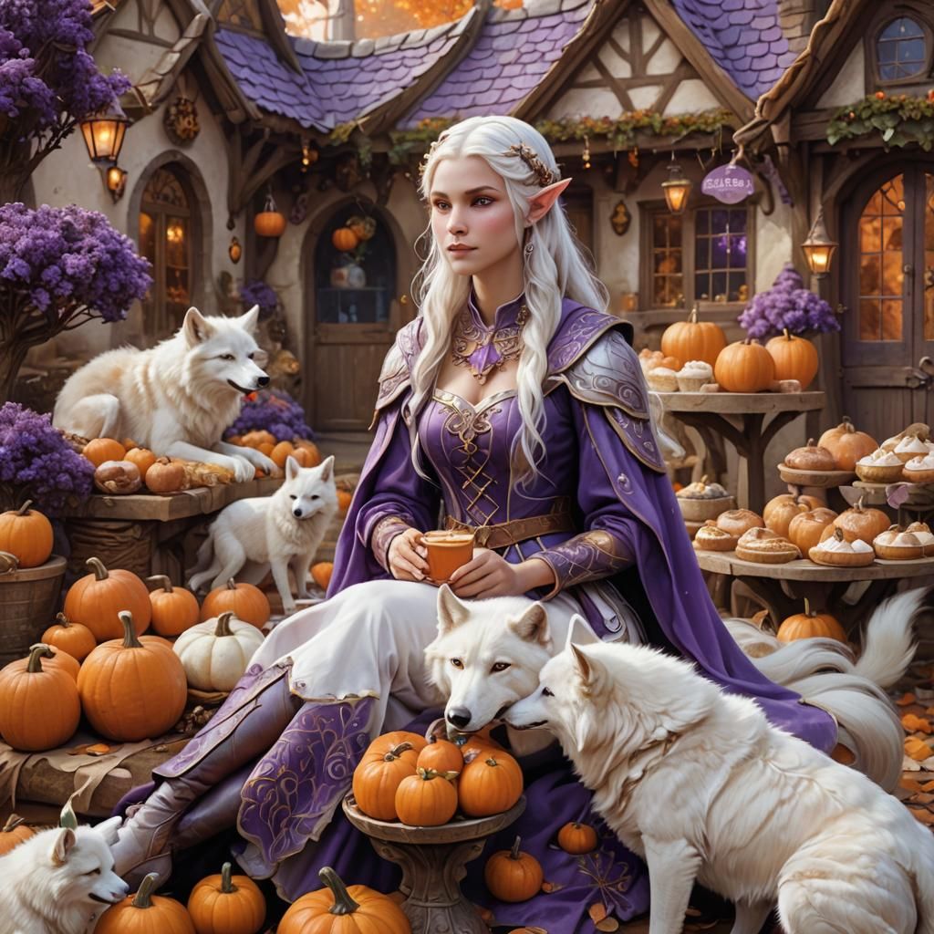 Enchanting Fairy Elf with Wolf in Autumnal Scene