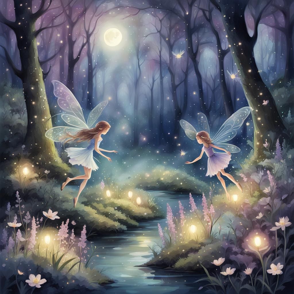 Fairies Dancing in Moonlit Forest: Watercolor Concept Art