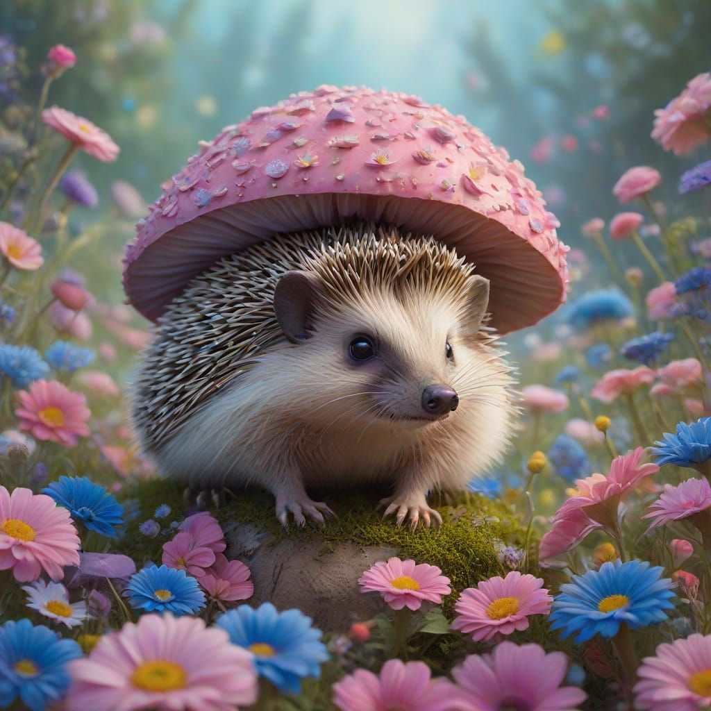 Fantasy Hedgehog Amidst Vibrant Flowers and Rainbow Mushroom