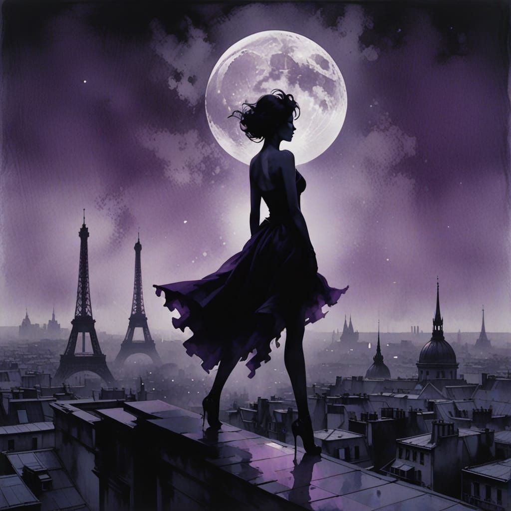 Dramatic Paris Rooftop Showgirl Under Moonlit Mist