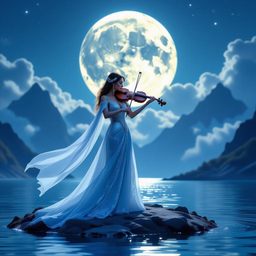 Woman Plays Crystal Violin Under Moonlit Sky