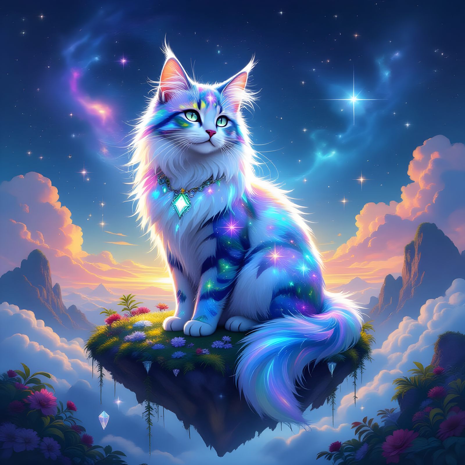 Astral Cat on Floating Island in Mixed Media Style