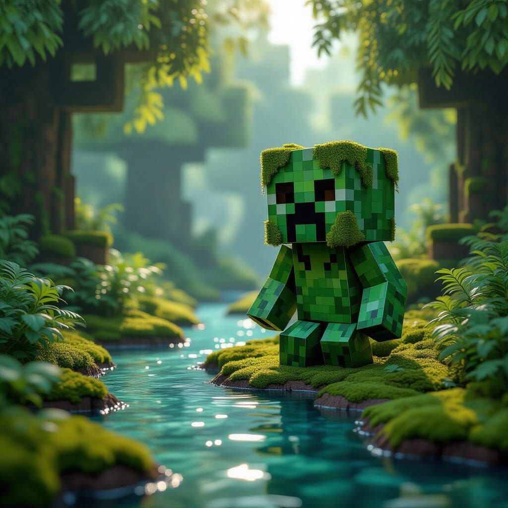 Hyperrealistic Minecraft Creeper in Mossy Forest