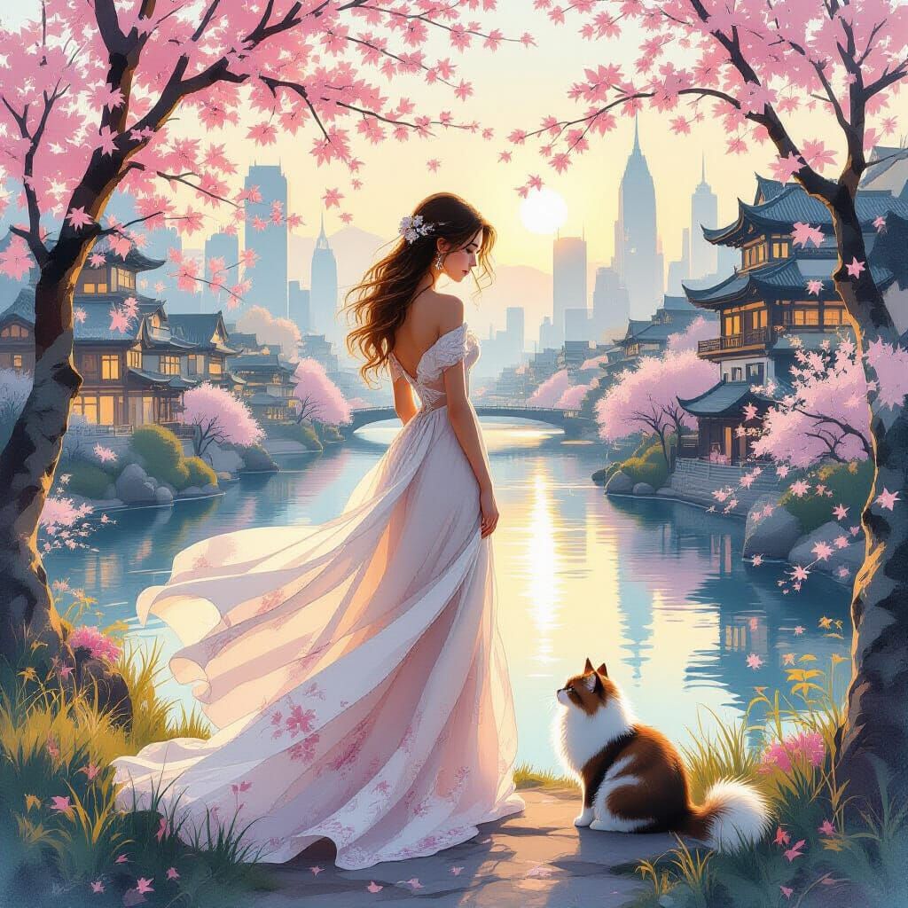 Woman's Seasonal Dress in City Valley With Cat, Watercolor S...