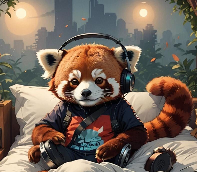Cartoon Red Panda Listens to Music, Anime Style