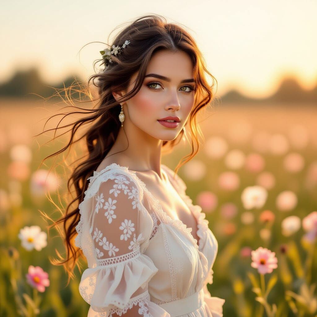 Woman in Pastel Field: Rococo Horrorcore Watercolor Style