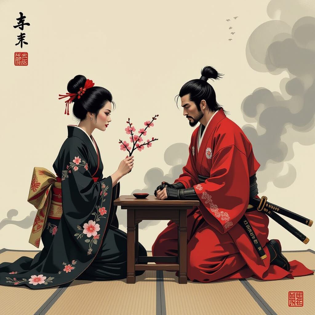 Samurai Duel in Hokusai and Frazetta Style