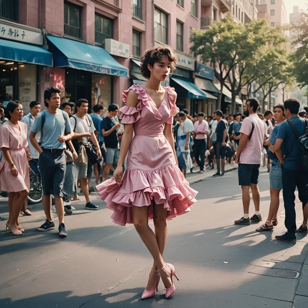 Humiliated Boy in Pink Dress on City Sidewalk
